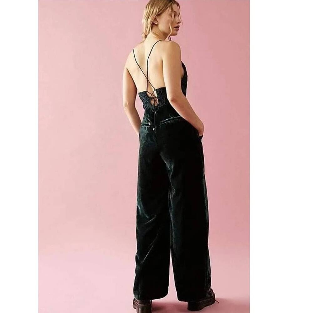 New Free People Blake Velvet One Piece JUMPSUIT $225 SIZE 2 Green HOLIDAY PARTY - Picture 2 of 7